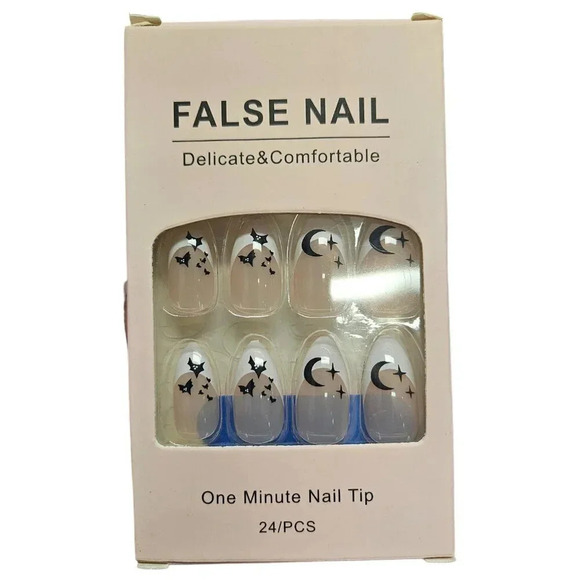 Batty French Manicure Almond MED 24pcs Plastic Press On Nails Set with StickyPad - Picture 1 of 3